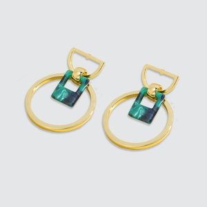 Geometric Link Art Deco Drop Earrings - Gold/Jade
